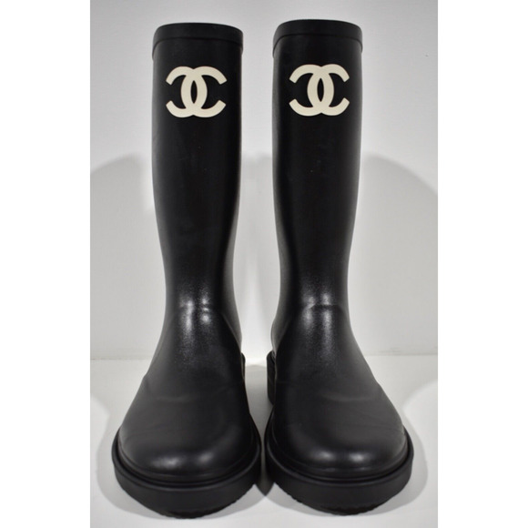Chanel REV Black White Caoutchouc CC Logo High Pull On Rubber Rain Boots 42 - Picture 5 of 12